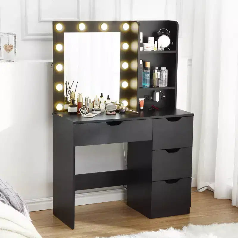 Toeletta per il trucco con cassetti, Tavolo da trucco bianco con specchio e luci in 3 colori