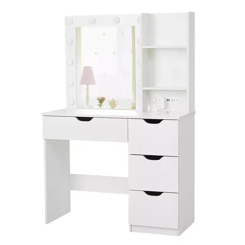Toeletta per il trucco con cassetti, Tavolo da trucco bianco con specchio e luci in 3 colori