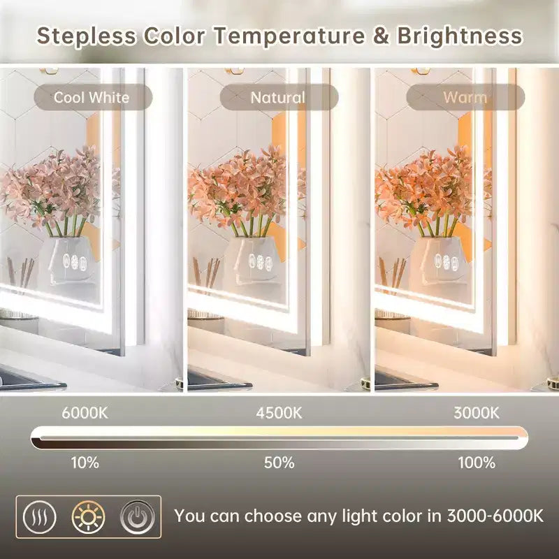 Specchio LED da bagno, illuminazione anteriore e posteriore, 3 temperature di colore, antiappannamento, doppia striscia luminosa