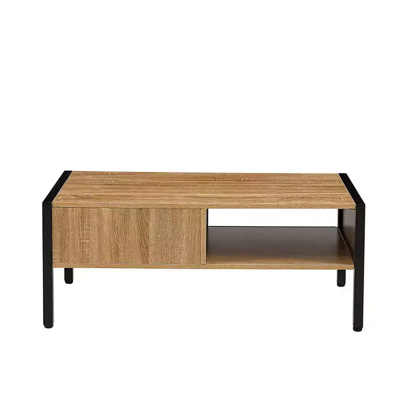 Tavolino da Caffè in Rattan con Ante Scorrevoli e Ripiani, Gambe in Metallo, Tavolini Bassi Boho per Soggiorno 102 x 54 x 42 cm
