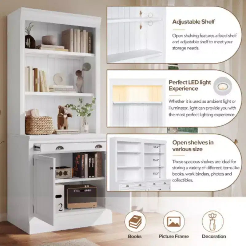 Libreria alta 83,4 cm con ripiani aperti, set da 2 pezzi, libreria autoportante con 2 ante e 1 cassetto per ufficio, camera da letto, soggiorno