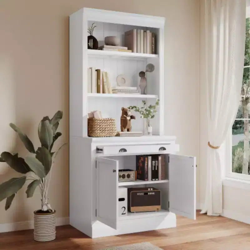 Libreria alta 83,4 cm con ripiani aperti, set da 2 pezzi, libreria autoportante con 2 ante e 1 cassetto per ufficio, camera da letto, soggiorno