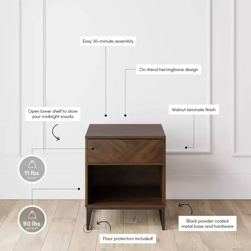 Set di 2 comodini in legno a spina di pesce, comodini moderni con contenitore per la camera da letto