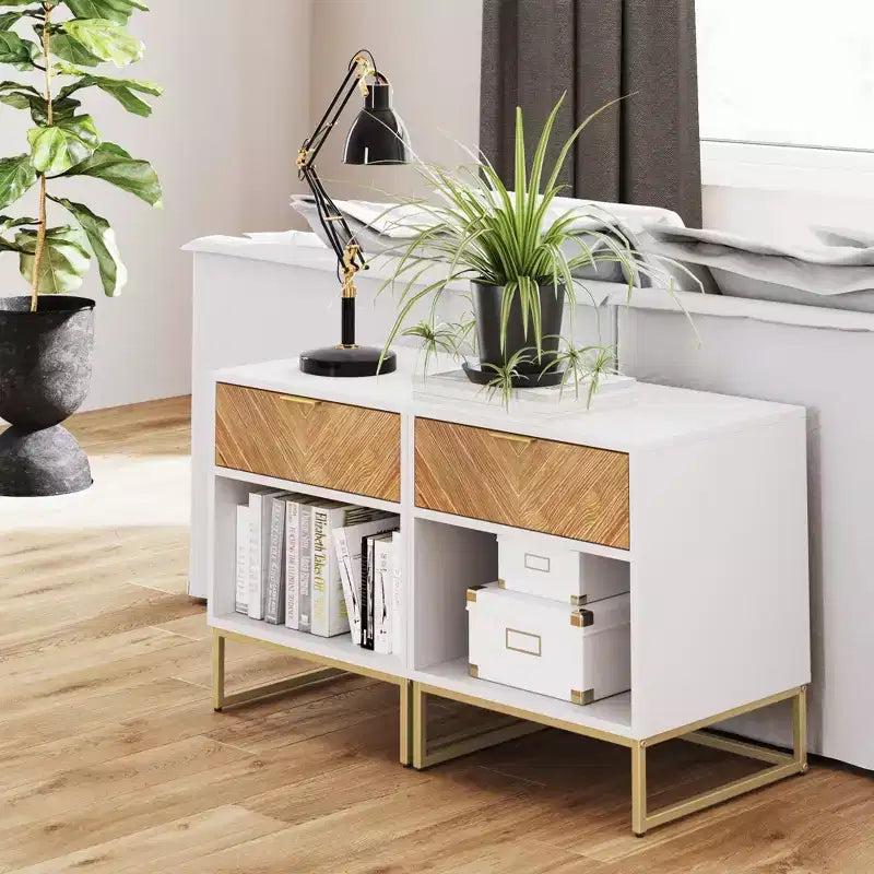 Set di 2 comodini in legno a spina di pesce, comodini moderni con contenitore per la camera da letto